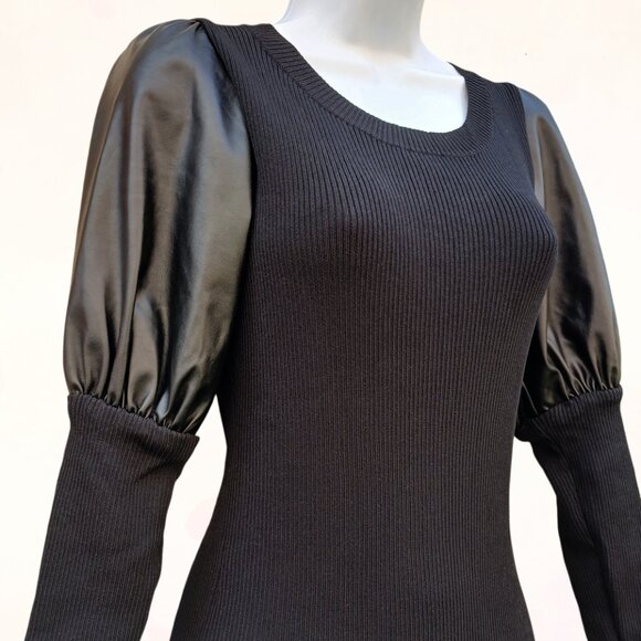 Gabrielle Union Black Bodycon Ribbed Knit Faux Leather Puff Long Sleeves Dress S - Picture 4 of 11
